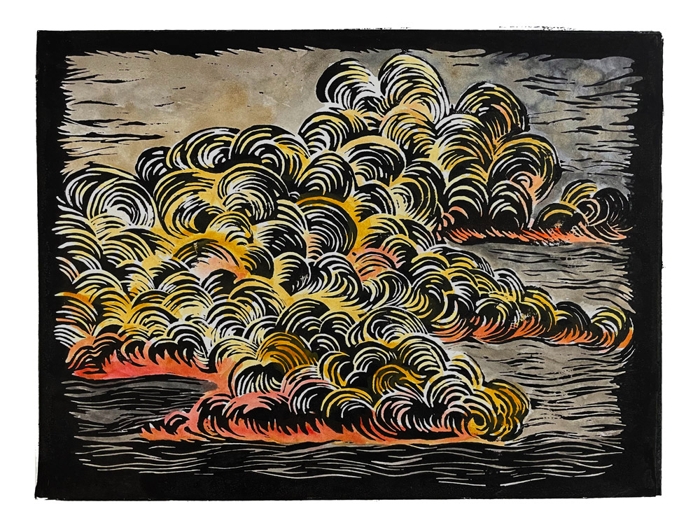handcoloured linoprint 'Arid Divide'